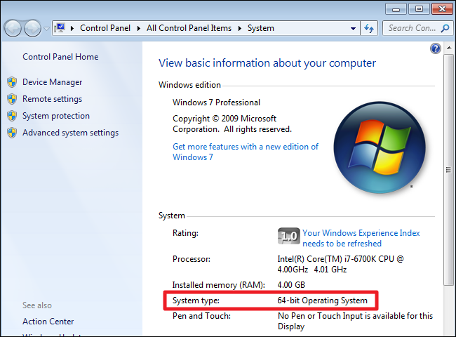 Windows 7 system check window