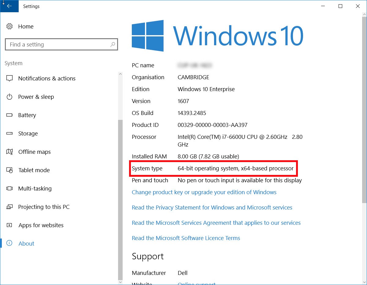 Windows 10 system check window