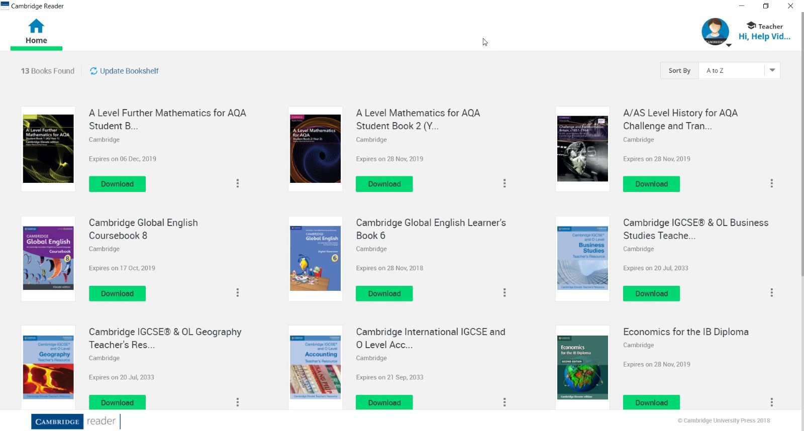 Cambridge Reader dashboard